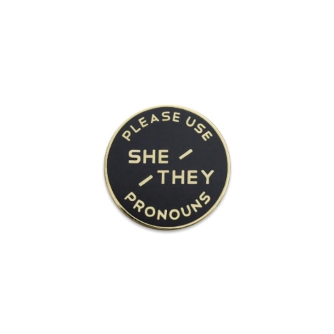 Black & Gold Enamel Pronoun Pin with Magnetic Back: She/They cover image