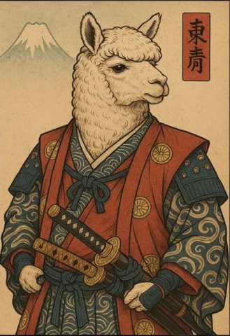 Shady Front Poster Print: Ukiyo-e Style — The Alpaca Samurai cover image