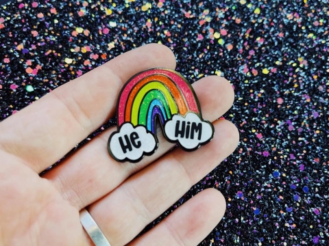 The Third Arrow Enamel Pronoun Pin: Rainbow & Clouds — He/Him cover image