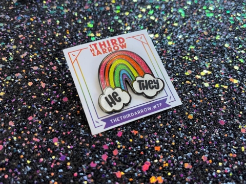 The Third Arrow Enamel Pronoun Pin: Rainbow & Clouds — He/They cover image