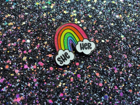 The Third Arrow Enamel Pronoun Pin: Rainbow & Clouds — She/Her cover image