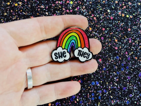 The Third Arrow Enamel Pronoun Pin: Rainbow & Clouds — She/They cover image