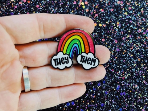 The Third Arrow Enamel Pronoun Pin: Rainbow & Clouds — They/Them cover image