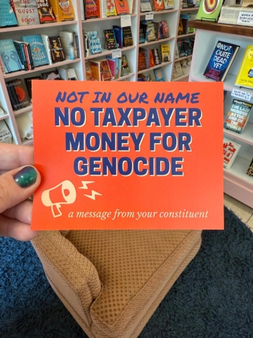 Strong Feelings Press Political Postcard: Not In Our Name/No Taxpayer Money For Genocide cover image